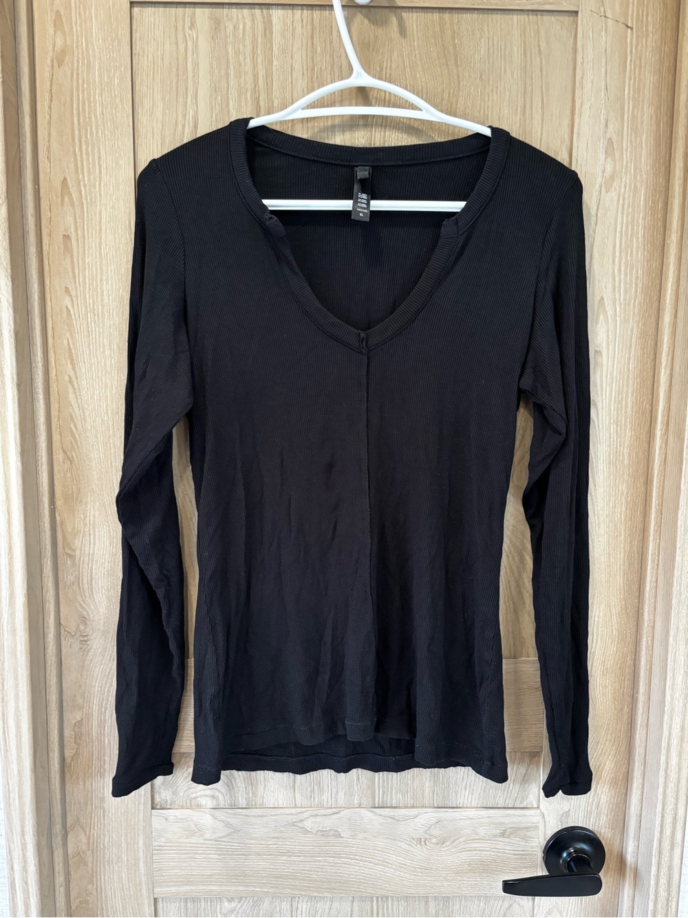 Skims Essential Cotton Rib Notch Long Sleeve Top T Shirt in Onyx Size XL